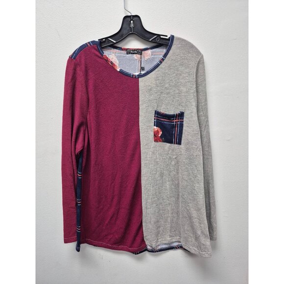 Color Block Long Sleeve T-Shirt With Floral Pocket 1X - Picture 2 of 7